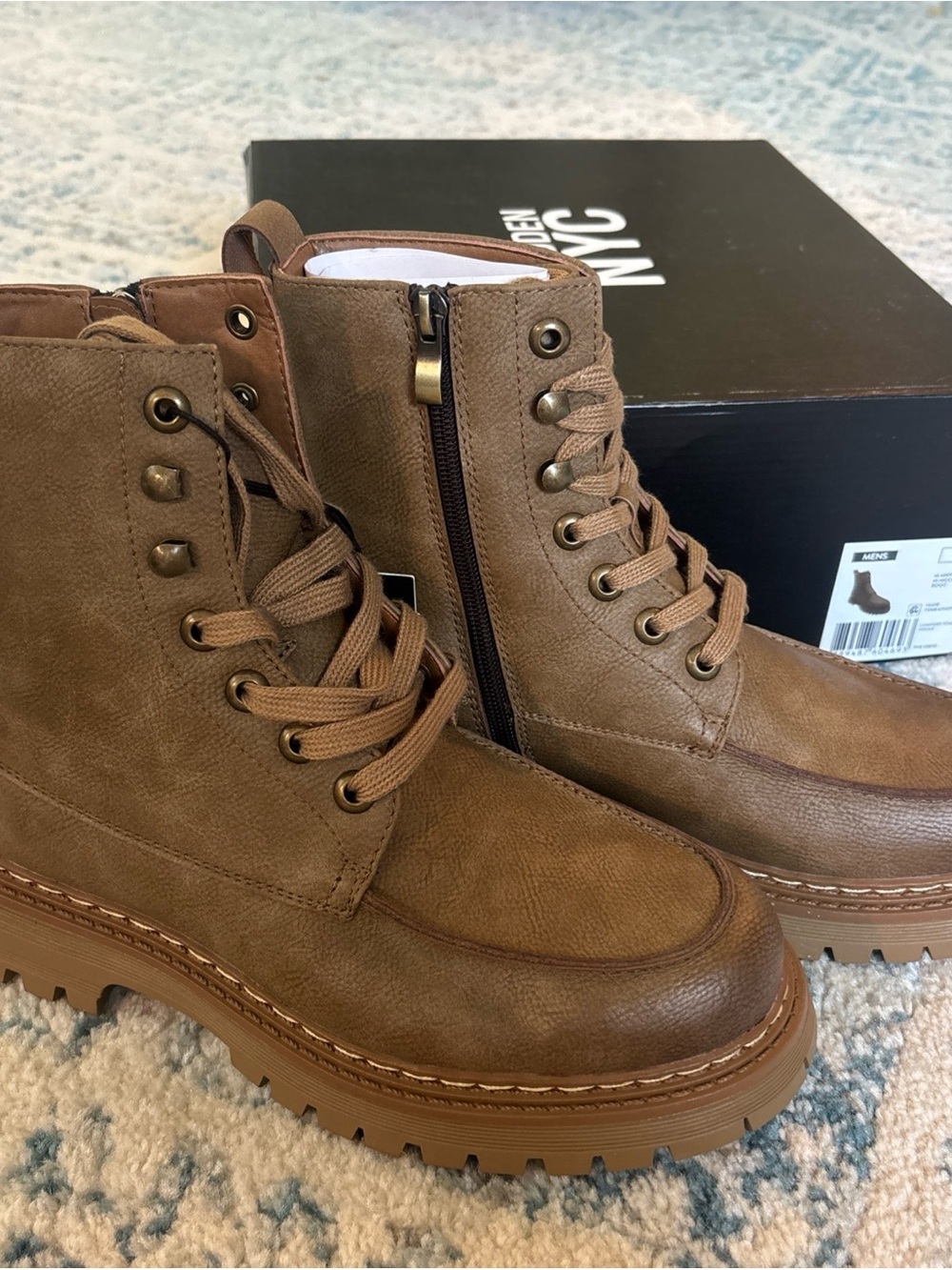 Men's Tan Lace-Up Utility Boots with Side Zip